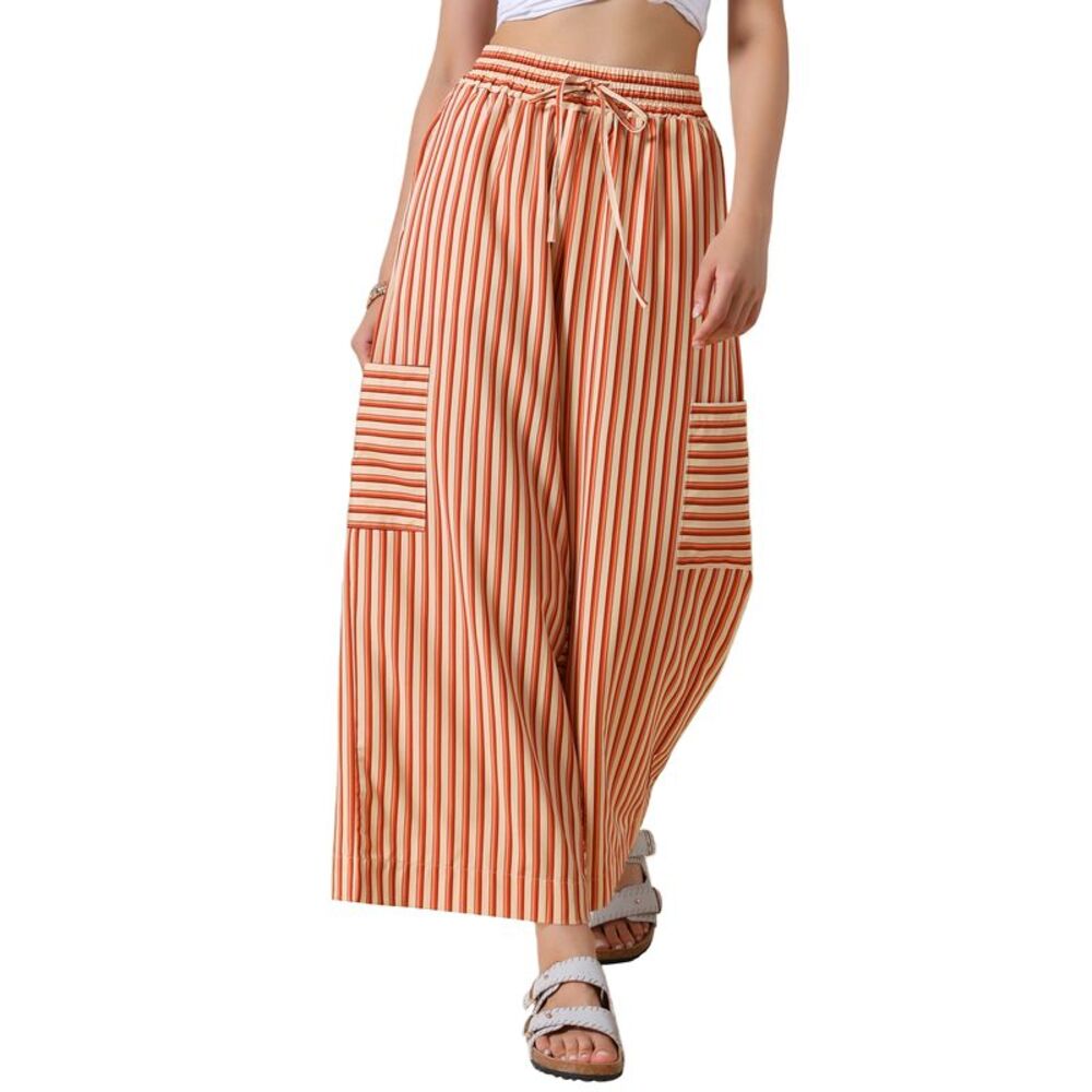 Women Casual Striped Wide Leg Elastic Waist Drawstring Pants Orange
